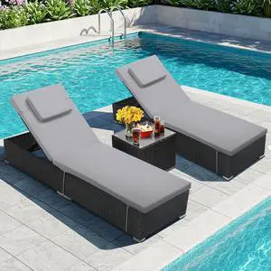 Murago 3-Piece Outdoor Chaise Lounge Chair, Pool Lounge Chairs Set | All-Weather PE Wicker Reclining Chairs with Side Table, 5-Position Adjustable Backrest for Patio, Poolside, Grey Murago 3-Piece Outdoor Chaise Lounge Chair, Pool Lounge Chairs Set | All-Weather PE Wicker Reclining Chairs with Side Table, 5-Position Adjustable Backrest for Patio, Poolside, Grey
