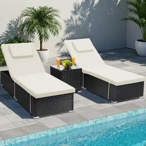 Murago 3-Piece Outdoor Chaise Lounge Chair, Pool Lounge Chairs Set | All-Weather PE Wicker Reclining Chairs with Side Table, 5-Position Adjustable Backrest for Patio, Poolside, Beige Murago 3-Piece Outdoor Chaise Lounge Chair, Pool Lounge Chairs Set | All-Weather PE Wicker Reclining Chairs with Side Table, 5-Position Adjustable Backrest for Patio, Poolside, Beige