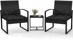 Murago 3 Piece Patio Bistro Set, Patio Conversation Set, Black/Black | All-Weather Wicker 2 chairs with Coffee Table, Modern Chair Set with Removable Cushions for Balcony, Garden, Yard Murago 3 Piece Patio Bistro Set, Patio Conversation Set, Black/Black | All-Weather Wicker 2 chairs with Coffee Table, Modern Chair Set with Removable Cushions for Balcony, Garden, Yard