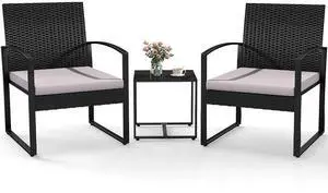 Murago 3 Piece Patio Bistro Set, Patio Conversation Set, Black/Grey | All-Weather Wicker 2 chairs with Coffee Table, Modern Chair Set with Removable Cushions for Balcony, Garden, Yard Murago 3 Piece Patio Bistro Set, Patio Conversation Set, Black/Grey | All-Weather Wicker 2 chairs with Coffee Table, Modern Chair Set with Removable Cushions for Balcony, Garden, Yard