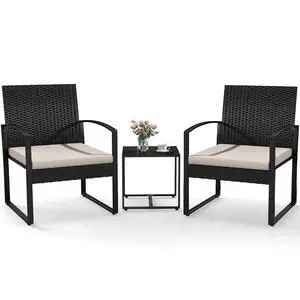 Murago 3-Piece Patio Bistro Set, Patio Conversation Set, Black/Beige | All-Weather Wicker 2 chairs with Coffee Table, Modern Chair Set with Removable Cushions for Balcony, Garden, Yard Murago 3-Piece Patio Bistro Set, Patio Conversation Set, Black/Beige | All-Weather Wicker 2 chairs with Coffee Table, Modern Chair Set with Removable Cushions for Balcony, Garden, Yard