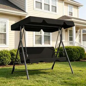 Murago 3 Seat Outdoor Porch Patio Swing Chair with Adjustable Canopy, Black | Patio Glider Chair with Heavy Duty Frame & Removable Cushion, for Deck, Garden, Poolside Murago 3 Seat Outdoor Porch Patio Swing Chair with Adjustable Canopy, Black | Patio Glider Chair with Heavy Duty Frame & Removable Cushion, for Deck, Garden, Poolside