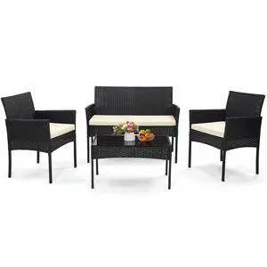 Murago 4 Piece Patio Wicker Outdoor Furniture Set, Extra Long Rattan Couch with 2 Side Chairs and Glass Top Coffee Table, for Porch, Deck, Balcony, Black Rattan with Beige Cushion Murago 4 Piece Patio Wicker Outdoor Furniture Set, Extra Long Rattan Couch with 2 Side Chairs and Glass Top Coffee Table, for Porch, Deck, Balcony, Black Rattan with Beige Cushion