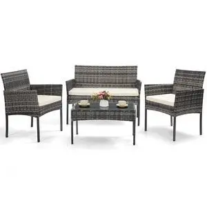 Murago 4 Piece Patio Wicker Outdoor Furniture Set, Extra Long Rattan Couch with 2 Side Chairs and Glass Top Coffee Table, for Porch, Deck, Balcony, Grey Rattan with Beige Cushion Murago 4 Piece Patio Wicker Outdoor Furniture Set, Extra Long Rattan Couch with 2 Side Chairs and Glass Top Coffee Table, for Porch, Deck, Balcony, Grey Rattan with Beige Cushion