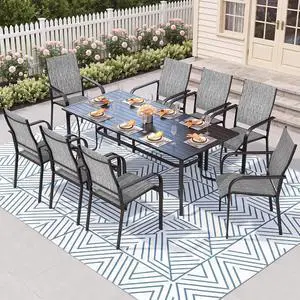 Murago Outdoor Table and Chairs, Patio Table and Chairs Set of 9, Grey | Outdoor Dining Sets for 8, 76"×36" Table with 8 Textilene Chairs, 9 Piece Patio Set for Patio, Garden, Backyard, Poolside Murago Outdoor Table and Chairs, Patio Table and Chairs Set of 9, Grey | Outdoor Dining Sets for 8, 76"×36" Table with 8 Textilene Chairs, 9 Piece Patio Set for Patio, Garden, Backyard, Poolside