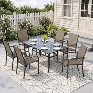 Murago Outdoor Table and Chairs, Patio Table and Chairs Set of 7, Brown | Outdoor Dining Sets for 6, 63"×36" Table with 6 Textilene Chairs, 7 Piece Patio Set for Patio, Garden, Backyard, Poolside Murago Outdoor Table and Chairs, Patio Table and Chairs Set of 7, Brown | Outdoor Dining Sets for 6, 63"×36" Table with 6 Textilene Chairs, 7 Piece Patio Set for Patio, Garden, Backyard, Poolside