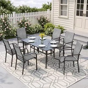 Murago Outdoor Table and Chairs, Patio Table and Chairs Set of 7, Grey | Outdoor Dining Sets for 6, 63"×36" Table with 6 Textilene Chairs, 7 Piece Patio Set for Patio, Garden, Backyard, Poolside Murago Outdoor Table and Chairs, Patio Table and Chairs Set of 7, Grey | Outdoor Dining Sets for 6, 63"×36" Table with 6 Textilene Chairs, 7 Piece Patio Set for Patio, Garden, Backyard, Poolside