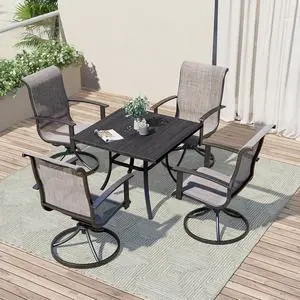Grand patio Patio Dining Set for 4, Outdoor Dining Set with 4-Piece Mesh Sling Swivel Patio Rocking Chairs, 1-Piece Square Woodgrain Dining Table with 1.5'' Umbrella Hole, Mixed Coffee Grand patio Patio Dining Set for 4, Outdoor Dining Set with 4-Piece Mesh Sling Swivel Patio Rocking Chairs, 1-Piece Square Woodgrain Dining Table with 1.5'' Umbrella Hole, Mixed Coffee