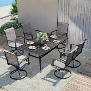 Grand patio 7-Piece Patio Dining Set for 6, Outdoor Dining Set with Swiviel Patio Chairs & 1 Rectangular Woodgrain Dining Table with Umbrella Hole, Black & Grey Plaid Grand patio 7-Piece Patio Dining Set for 6, Outdoor Dining Set with Swiviel Patio Chairs & 1 Rectangular Woodgrain Dining Table with Umbrella Hole, Black & Grey Plaid