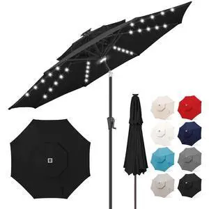 FLAME&SHADE Solar Patio Umbrella with Centre Light, 9FT 2 Tiers, Black | 40 LED Lights, UV Protection, Solar Outdoor Umbrella for Porch, Deck, Backyard, Garden, Provides Evening Lighting FLAME&SHADE Solar Patio Umbrella with Centre Light, 9FT 2 Tiers, Black | 40 LED Lights, UV Protection, Solar Outdoor Umbrella for Porch, Deck, Backyard, Garden, Provides Evening Lighting
