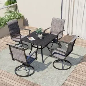 Grand patio Patio Dining Set for 4, Outdoor Dining Set with 4-Piece Mesh Sling Swivel Patio Rocking Chairs, 1-Piece Square Woodgrain Dining Table with 1.5'' Umbrella Hole, Black & Grey Plaid Grand patio Patio Dining Set for 4, Outdoor Dining Set with 4-Piece Mesh Sling Swivel Patio Rocking Chairs, 1-Piece Square Woodgrain Dining Table with 1.5'' Umbrella Hole, Black & Grey Plaid