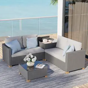Grand patio 4 Pieces Wicker Modular Sectional Sofa Set, Indoor & Outdoor Conversation Sets with Storage Box and Rattan Coffee Table for Livingroom Patio Backyard Garden, Light Gray Grand patio 4 Pieces Wicker Modular Sectional Sofa Set, Indoor & Outdoor Conversation Sets with Storage Box and Rattan Coffee Table for Livingroom Patio Backyard Garden, Light Gray