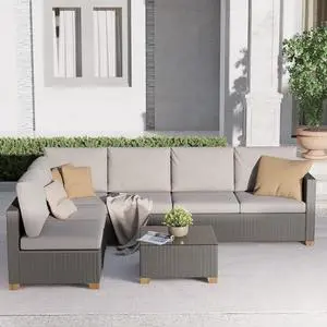 Grand patio 5 Pieces Wicker Modular Sectional Sofa Set, 6 Seats Outdoor Conversation Sets with Olefin Cushions for Livingroom Backyard Garden Poolside Grand patio 5 Pieces Wicker Modular Sectional Sofa Set, 6 Seats Outdoor Conversation Sets with Olefin Cushions for Livingroom Backyard Garden Poolside