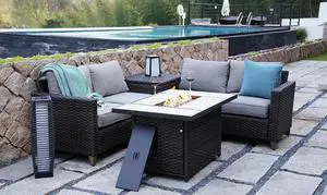Grand patio 6-Piece Outdoor Furniture Set with Gas Fire Pit Table, Patio Sectional Conversation Sofa Set with Wicker Detachable Cushion for Yard, Garden, Porch Grand patio 6-Piece Outdoor Furniture Set with Gas Fire Pit Table, Patio Sectional Conversation Sofa Set with Wicker Detachable Cushion for Yard, Garden, Porch
