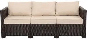 WAROOM Patio Couch PE Rattan 3-Seat Outdoor Sofa Brown Wicker Furniture Set Deep Seating with Anti-Slip Beige Cushion WAROOM Patio Couch PE Rattan 3-Seat Outdoor Sofa Brown Wicker Furniture Set Deep Seating with Anti-Slip Beige Cushion