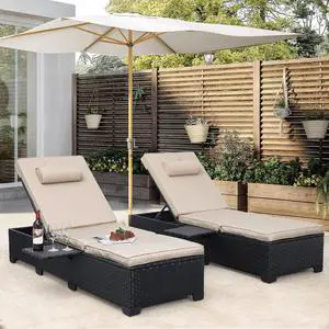 WAROOM Outdoor Chaise Lounge Chairs for Outside Patio Furniture Set of 2 Wicker Recliner Black Rattan Sunbathing Lounger Adjustable Backrest Pool Reclining Chair, Khaki Cushion WAROOM Outdoor Chaise Lounge Chairs for Outside Patio Furniture Set of 2 Wicker Recliner Black Rattan Sunbathing Lounger Adjustable Backrest Pool Reclining Chair, Khaki Cushion