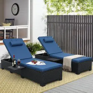 WAROOM Outdoor Chaise Lounge Chairs for Outside Patio Furniture Set of 2 Wicker Recliner Black Rattan Sunbathing Lounger Adjustable Backrest Pool Reclining Chair, Navy Blue Cushion WAROOM Outdoor Chaise Lounge Chairs for Outside Patio Furniture Set of 2 Wicker Recliner Black Rattan Sunbathing Lounger Adjustable Backrest Pool Reclining Chair, Navy Blue Cushion