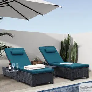 WAROOM Outdoor Chaise Lounge Chairs for Outside Patio Furniture Set of 2 Wicker Recliner Black Rattan Sunbathing Lounger Adjustable Backrest Pool Reclining Chair, Peacock Blue Cushion WAROOM Outdoor Chaise Lounge Chairs for Outside Patio Furniture Set of 2 Wicker Recliner Black Rattan Sunbathing Lounger Adjustable Backrest Pool Reclining Chair, Peacock Blue Cushion