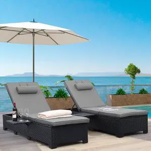 WAROOM Outdoor Chaise Lounge Chairs for Outside Patio Furniture Set of 2 Wicker Recliner Black Rattan Sunbathing Lounger Adjustable Backrest Pool Reclining Chair, Grey Cushion WAROOM Outdoor Chaise Lounge Chairs for Outside Patio Furniture Set of 2 Wicker Recliner Black Rattan Sunbathing Lounger Adjustable Backrest Pool Reclining Chair, Grey Cushion