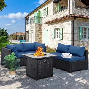 WAROOM Outdoor 5 Piece Patio Furniture Set, Black Rattan Conversation Couch Resin Wicker Sectional Sofa Outside Chair with Propane Fire Pit Table, Navy Blue Cushion WAROOM Outdoor 5 Piece Patio Furniture Set, Black Rattan Conversation Couch Resin Wicker Sectional Sofa Outside Chair with Propane Fire Pit Table, Navy Blue Cushion