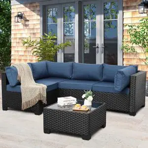 WAROOM Outdoor 5 Piece Patio Furniture Set, Black Rattan Conversation Couch Resin Wicker Sectional Sofa Outside Chair with Coffee Table, Navy Blue Cushion WAROOM Outdoor 5 Piece Patio Furniture Set, Black Rattan Conversation Couch Resin Wicker Sectional Sofa Outside Chair with Coffee Table, Navy Blue Cushion