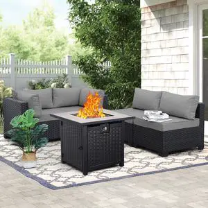 WAROOM Outdoor 5 Piece Patio Furniture Set, Black Rattan Conversation Couch Resin Wicker Sectional Sofa Outside Chair with Propane Fire Pit Table, Grey Cushion WAROOM Outdoor 5 Piece Patio Furniture Set, Black Rattan Conversation Couch Resin Wicker Sectional Sofa Outside Chair with Propane Fire Pit Table, Grey Cushion