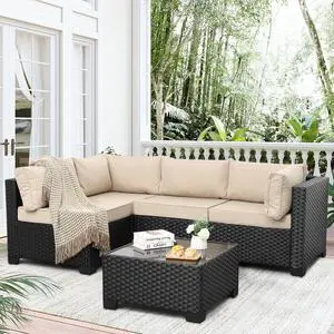 WAROOM Outdoor 5 Piece Patio Furniture Set, Black Rattan Conversation Couch Resin Wicker Sectional Sofa Outside Chair with Coffee Table, Khaki Cushion WAROOM Outdoor 5 Piece Patio Furniture Set, Black Rattan Conversation Couch Resin Wicker Sectional Sofa Outside Chair with Coffee Table, Khaki Cushion