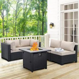 WAROOM Outdoor 5 Piece Patio Furniture Set, Black Rattan Conversation Couch Resin Wicker Sectional Sofa Outside Chair with Propane Fire Pit Table, Khaki Cushion WAROOM Outdoor 5 Piece Patio Furniture Set, Black Rattan Conversation Couch Resin Wicker Sectional Sofa Outside Chair with Propane Fire Pit Table, Khaki Cushion