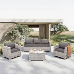 WAROOM Patio Furniture Set 4 Piece Outdoor Wicker Conversation Sets PE Rattan Couch Sectional Sofa with Storage Table, Grey Cushion WAROOM Patio Furniture Set 4 Piece Outdoor Wicker Conversation Sets PE Rattan Couch Sectional Sofa with Storage Table, Grey Cushion