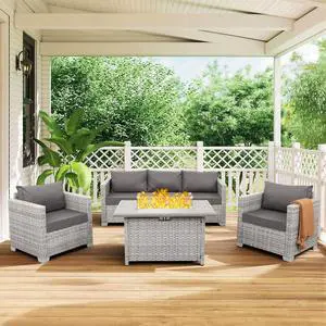 WAROOM Patio Furniture Set 4 Piece Outdoor Wicker Conversation Sets PE Rattan Couch Sectional Sofa with Fire Pit Table, Grey Cushion WAROOM Patio Furniture Set 4 Piece Outdoor Wicker Conversation Sets PE Rattan Couch Sectional Sofa with Fire Pit Table, Grey Cushion