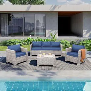 WAROOM Patio Furniture Set 4 Piece Outdoor Wicker Conversation Sets PE Rattan Couch Sectional Sofa with Storage Table, Navy Blue Cushion WAROOM Patio Furniture Set 4 Piece Outdoor Wicker Conversation Sets PE Rattan Couch Sectional Sofa with Storage Table, Navy Blue Cushion