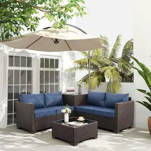 WAROOM Patio Furniture Set 4 Piece Conversation Sets Brown Rattan Outdoor Couch Loveseat Wicker Sectional Sofa with Storage Box Glass Top Table, Navy Blue Cushion WAROOM Patio Furniture Set 4 Piece Conversation Sets Brown Rattan Outdoor Couch Loveseat Wicker Sectional Sofa with Storage Box Glass Top Table, Navy Blue Cushion