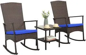 WAROOM Outdoor Wicker Rocking Chair 3 Piece Porch Chairs Patio Bistro Set PE Rattan Furniture Sets with Coffee Table, Royal Blue Cushion WAROOM Outdoor Wicker Rocking Chair 3 Piece Porch Chairs Patio Bistro Set PE Rattan Furniture Sets with Coffee Table, Royal Blue Cushion
