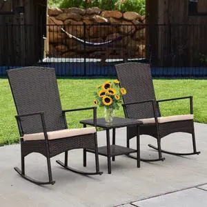 WAROOM Outdoor Wicker Rocking Chair 3 Piece Porch Chairs Patio Bistro Set PE Rattan Furniture Sets with Coffee Table, Khaki Cushion WAROOM Outdoor Wicker Rocking Chair 3 Piece Porch Chairs Patio Bistro Set PE Rattan Furniture Sets with Coffee Table, Khaki Cushion