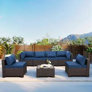 WAROOM Outdoor Patio Furniture Set 7 Pieces Wicker Sectional Sofa Brown Rattan Conversation Couch with Coffee Table, Anti-Slip Thick Nave Blue Cushion WAROOM Outdoor Patio Furniture Set 7 Pieces Wicker Sectional Sofa Brown Rattan Conversation Couch with Coffee Table, Anti-Slip Thick Nave Blue Cushion
