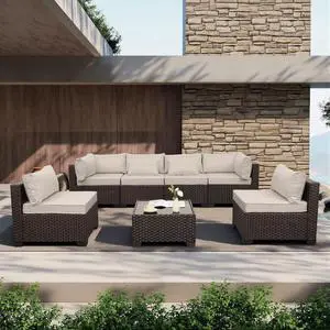 WAROOM Outdoor Patio Furniture Set 7 Pieces Wicker Sectional Sofa Brown Rattan Conversation Couch with Coffee Table, Anti-Slip Thick Beige Cushion WAROOM Outdoor Patio Furniture Set 7 Pieces Wicker Sectional Sofa Brown Rattan Conversation Couch with Coffee Table, Anti-Slip Thick Beige Cushion