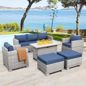 WAROOM Patio Furniture Set 6 Piece PE Rattan Outdoor Conversation Sets Grey Wicker Couch Sectional Sofa with Fire Pit Table and Navy Blue Cushion WAROOM Patio Furniture Set 6 Piece PE Rattan Outdoor Conversation Sets Grey Wicker Couch Sectional Sofa with Fire Pit Table and Navy Blue Cushion