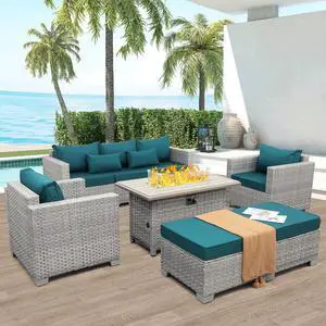 WAROOM Patio Furniture Set 6 Piece PE Rattan Outdoor Conversation Sets Grey Wicker Couch Sectional Sofa with Fire Pit Table and Peacock Blue Cushion WAROOM Patio Furniture Set 6 Piece PE Rattan Outdoor Conversation Sets Grey Wicker Couch Sectional Sofa with Fire Pit Table and Peacock Blue Cushion