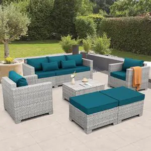 WAROOM Patio Furniture Set 6 Piece PE Rattan Outdoor Conversation Sets Grey Wicker Couch Sectional Sofa with Storage Coffee Table and Peacock Blue Cushion WAROOM Patio Furniture Set 6 Piece PE Rattan Outdoor Conversation Sets Grey Wicker Couch Sectional Sofa with Storage Coffee Table and Peacock Blue Cushion