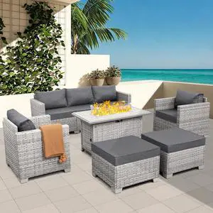 WAROOM Patio Furniture Set 6 Piece PE Rattan Outdoor Conversation Sets Grey Wicker Couch Sectional Sofa with Fire Pit Table and Grey Cushion WAROOM Patio Furniture Set 6 Piece PE Rattan Outdoor Conversation Sets Grey Wicker Couch Sectional Sofa with Fire Pit Table and Grey Cushion