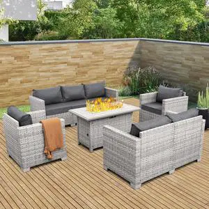 WAROOM Patio Furniture Set 5 Piece Outdoor Furniture with Fire Pit Table, Grey Wicker Sectional Sofa Couch Sets Backyard Deep Seating PE Rattan Chairs with Grey Cushion WAROOM Patio Furniture Set 5 Piece Outdoor Furniture with Fire Pit Table, Grey Wicker Sectional Sofa Couch Sets Backyard Deep Seating PE Rattan Chairs with Grey Cushion