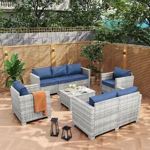 WAROOM Patio Furniture Set 5 Piece Outdoor Furniture with Storage Table, Grey Wicker Sectional Sofa Couch Sets Backyard Deep Seating PE Rattan Chairs with Navy Blue Cushion WAROOM Patio Furniture Set 5 Piece Outdoor Furniture with Storage Table, Grey Wicker Sectional Sofa Couch Sets Backyard Deep Seating PE Rattan Chairs with Navy Blue Cushion