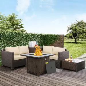 WAROOM Patio Furniture Set 5 Pieces Outdoor Conversation Sets PE Rattan Couch Loveseat Resin Wicker Sectional Sofa with Storage Box Coffee Table and Propane Fire Pit, Khaki Cushion WAROOM Patio Furniture Set 5 Pieces Outdoor Conversation Sets PE Rattan Couch Loveseat Resin Wicker Sectional Sofa with Storage Box Coffee Table and Propane Fire Pit, Khaki Cushion