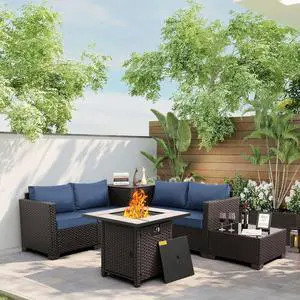 WAROOM Patio Furniture Set 5 Pieces Outdoor Conversation Sets PE Rattan Couch Loveseat Resin Wicker Sectional Sofa with Storage Box Coffee Table and Propane Fire Pit, Blue Cushion WAROOM Patio Furniture Set 5 Pieces Outdoor Conversation Sets PE Rattan Couch Loveseat Resin Wicker Sectional Sofa with Storage Box Coffee Table and Propane Fire Pit, Blue Cushion