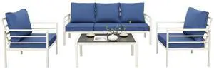 WAROOM Patio Furniture Set 4 Pieces Metal Outdoor Conversation Sets Backyard Chair Outside Couch with Coffee Table, Blue Cushion WAROOM Patio Furniture Set 4 Pieces Metal Outdoor Conversation Sets Backyard Chair Outside Couch with Coffee Table, Blue Cushion