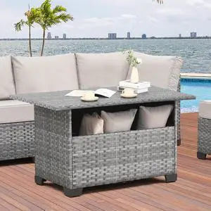 WAROOM Outdoor PE Wicker Coffee Table - Patio Rattan Garden Furniture Multi-Functional Storage Tea Dining Table, Grey WAROOM Outdoor PE Wicker Coffee Table - Patio Rattan Garden Furniture Multi-Functional Storage Tea Dining Table, Grey