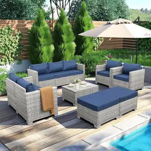 WAROOM Patio Furniture Set 7 Piece Grey Wicker Outdoor Conversation Sets PE Rattan Sectional Sofa with Storage Coffee Table and Anti-Slip Navy Blue Cushion WAROOM Patio Furniture Set 7 Piece Grey Wicker Outdoor Conversation Sets PE Rattan Sectional Sofa with Storage Coffee Table and Anti-Slip Navy Blue Cushion