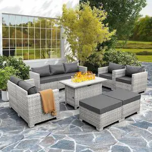 WAROOM Patio Furniture Set 7 Piece Grey Wicker Outdoor Conversation Sets PE Rattan Sectional Sofa with Propane Fire Pit Table and Anti-Slip Grey Cushion WAROOM Patio Furniture Set 7 Piece Grey Wicker Outdoor Conversation Sets PE Rattan Sectional Sofa with Propane Fire Pit Table and Anti-Slip Grey Cushion