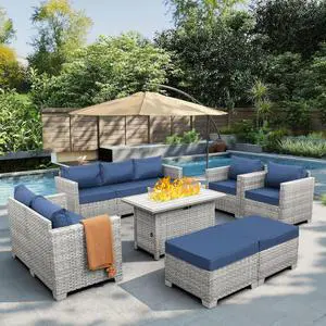 WAROOM Patio Furniture Set 7 Piece Grey Wicker Outdoor Conversation Sets PE Rattan Sectional Sofa with Propane Fire Pit Table and Anti-Slip Navy Blue Cushion WAROOM Patio Furniture Set 7 Piece Grey Wicker Outdoor Conversation Sets PE Rattan Sectional Sofa with Propane Fire Pit Table and Anti-Slip Navy Blue Cushion