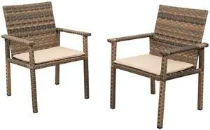 Set of 2 Wicker Patio Dining Chairs, Outdoor Armchairs with Khaki Cushions | Stable loadbearing frame, premium brown PE rattan, ergonomic backrests, UVstable and easytoclean for outside use Set of 2 Wicker Patio Dining Chairs, Outdoor Armchairs with Khaki Cushions | Stable loadbearing frame, premium brown PE rattan, ergonomic backrests, UVstable and easytoclean for outside use